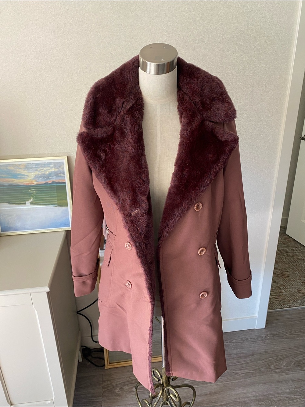 Vintage 1970s Faux Fur Purple Trench Coat